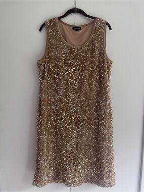 Nina Leonard Gold Sequin Sleeveless Shift Dress